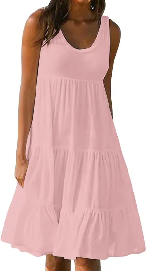 Summer Dresses for Women Casual Vacation Sexy Sleeveless Beach Dress Crewneck Splicing Boho Flowy Cute Sundresses