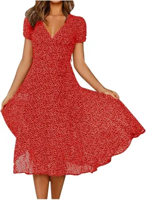 Summer Dresses for Women Floral Boho Dress Beach Casual Mid Length Dress Short Sleeve Flowy Elegant Midi Dresses