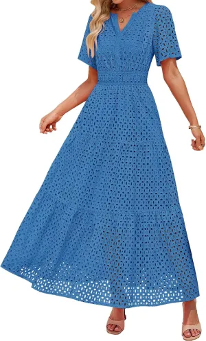 Summer Dresses for Women Hollow V Neck Short Sleeve Maxi Dresses High Waist Loose Fit Casual Ruffle Sundress 2025