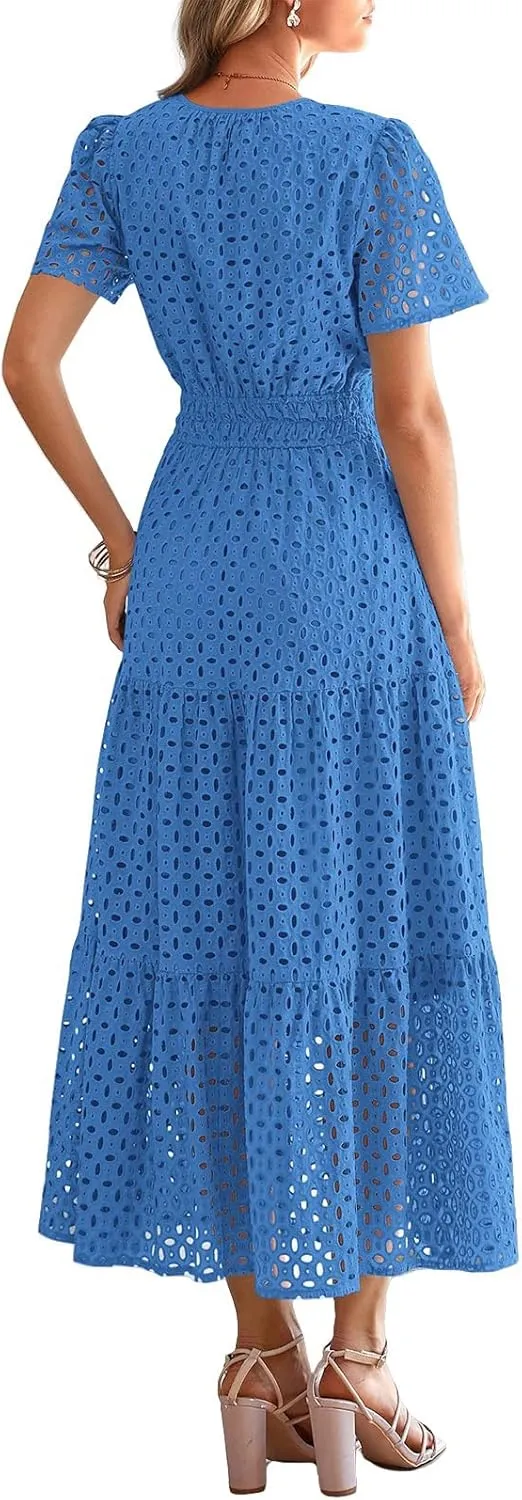 Summer Dresses for Women Hollow V Neck Short Sleeve Maxi Dresses High Waist Loose Fit Casual Ruffle Sundress 2025