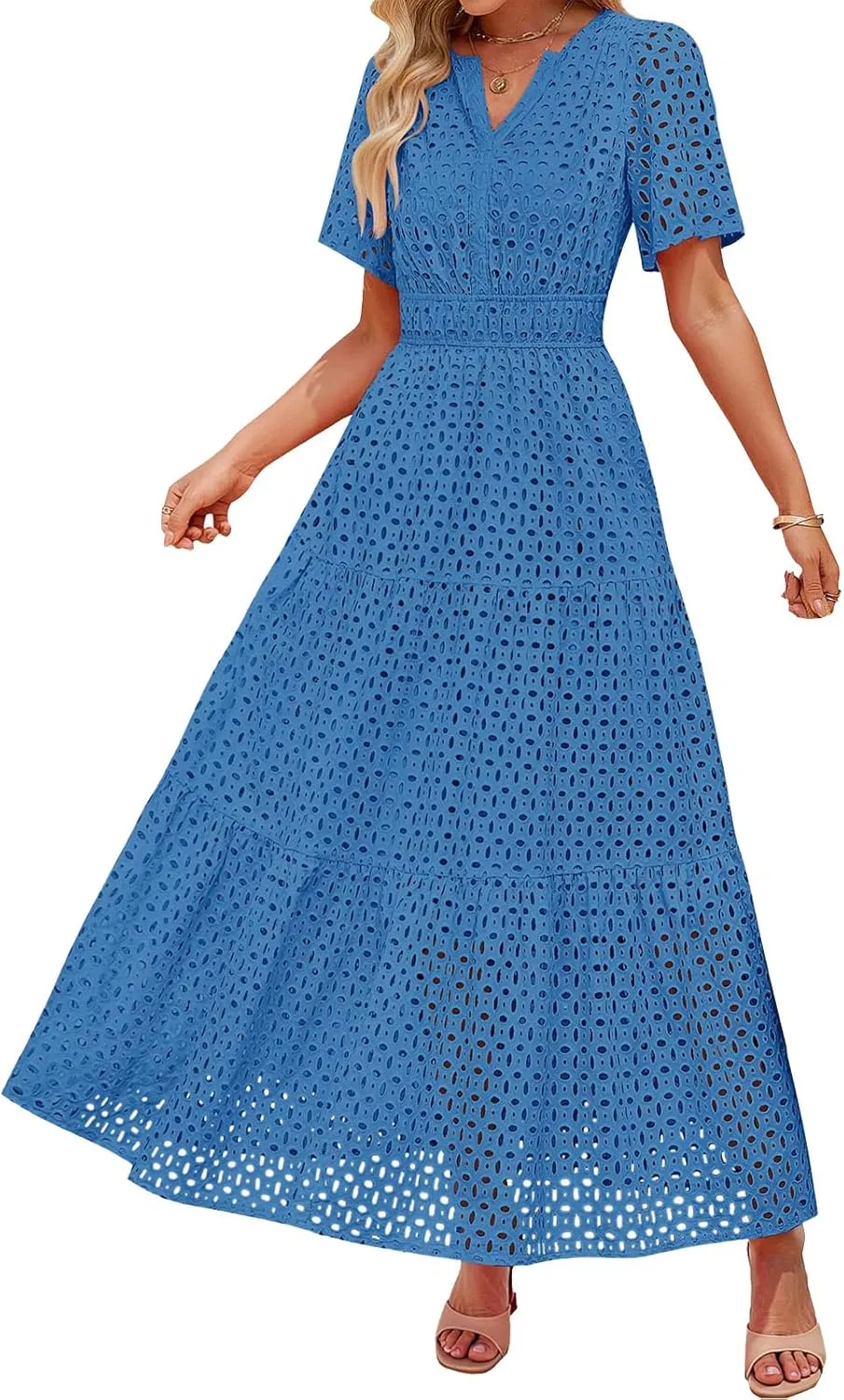 Summer Dresses for Women Hollow V Neck Short Sleeve Maxi Dresses High Waist Loose Fit Casual Ruffle Sundress 2025