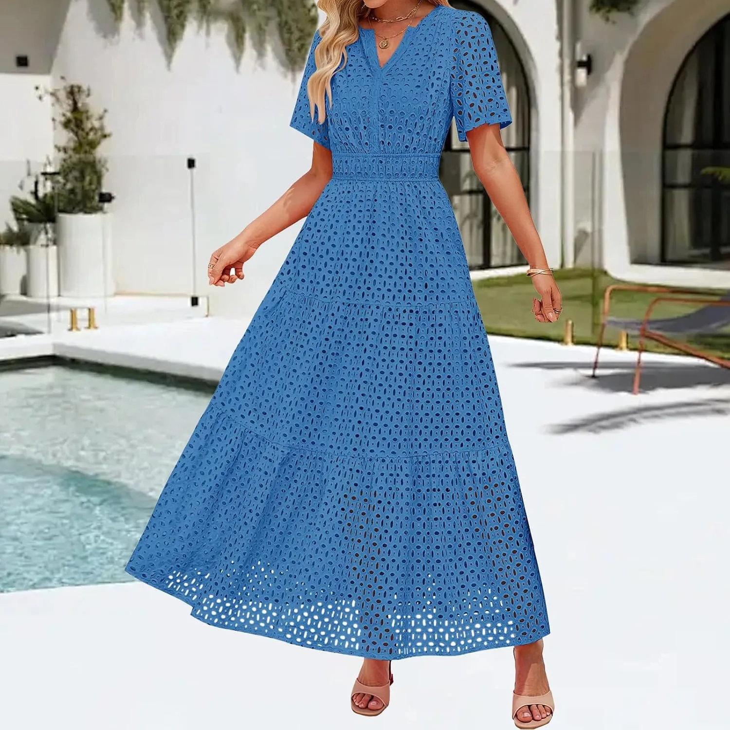 Summer Dresses for Women Hollow V Neck Short Sleeve Maxi Dresses High Waist Loose Fit Casual Ruffle Sundress 2025