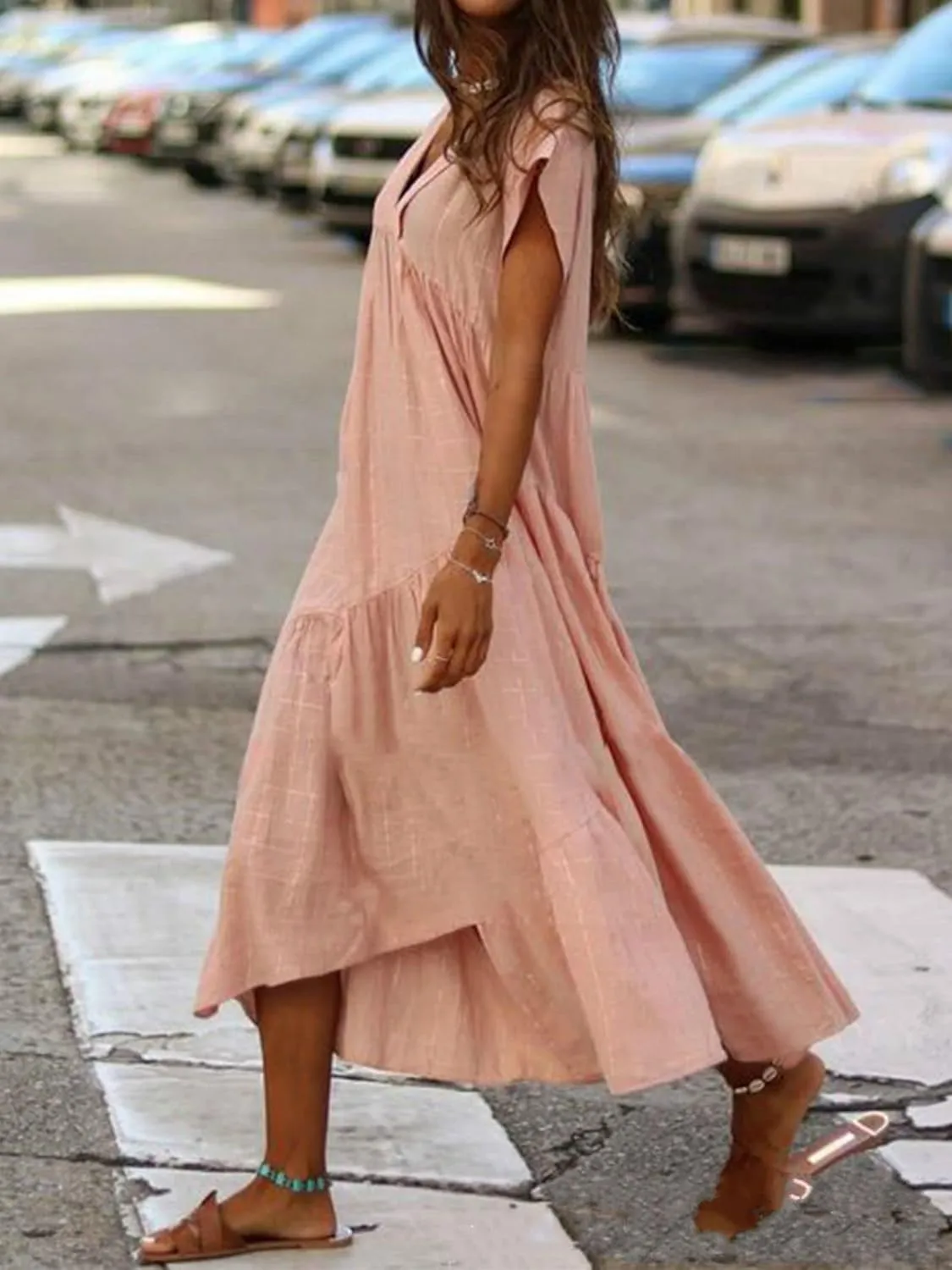 Summer Dresses for Women Linen Plus Size Short Sleeve V-Neck Swing Dress Casual Tiered Ruffle Flowy Beach Sundress