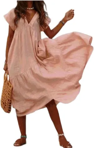 Summer Dresses for Women Linen Plus Size Short Sleeve V-Neck Swing Dress Casual Tiered Ruffle Flowy Beach Sundress
