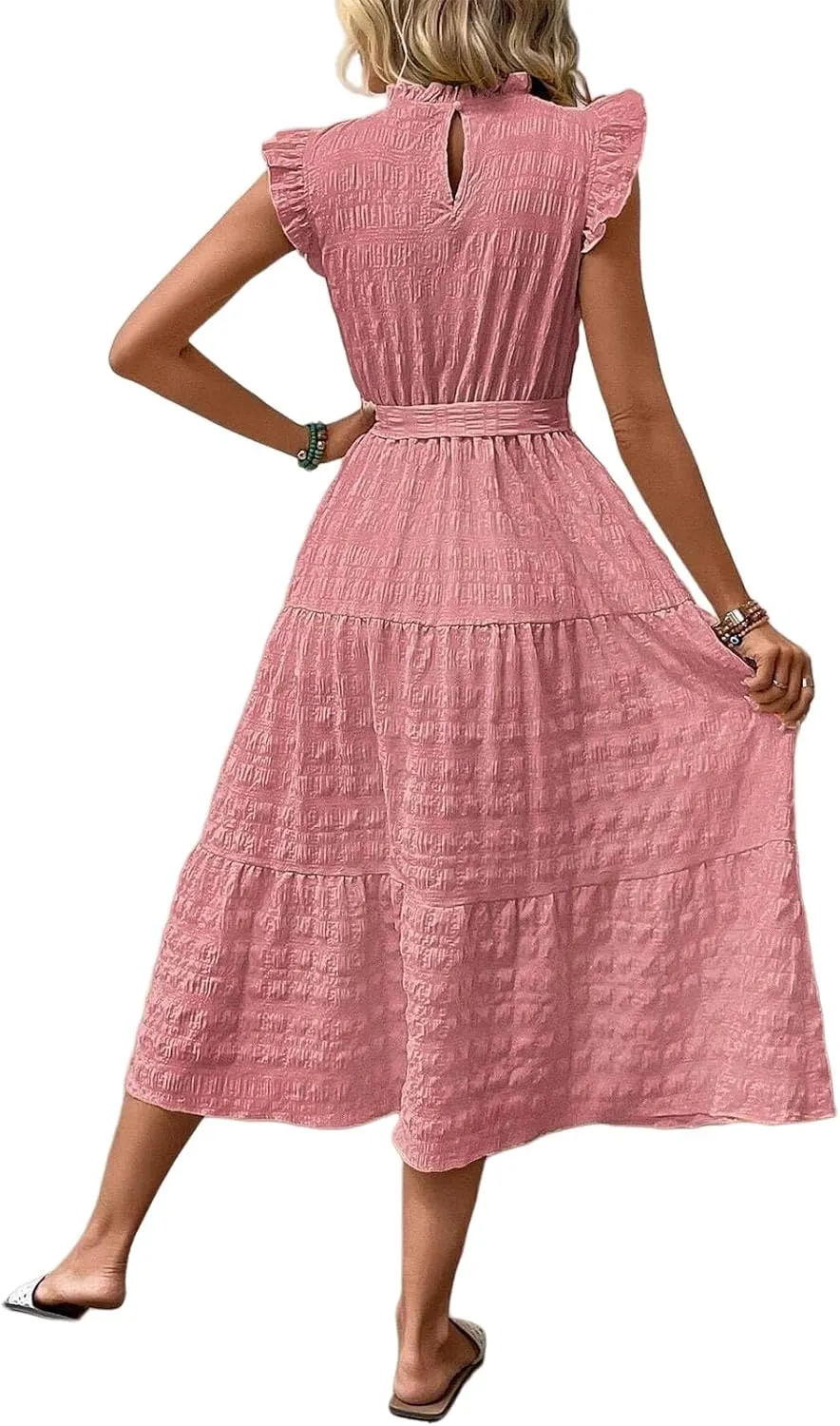 Summer Dresses for Women Ruffle Sleeve Neck Sundress High Waist Strappy Midi Dress Fashion Trendy Dressy Dresses