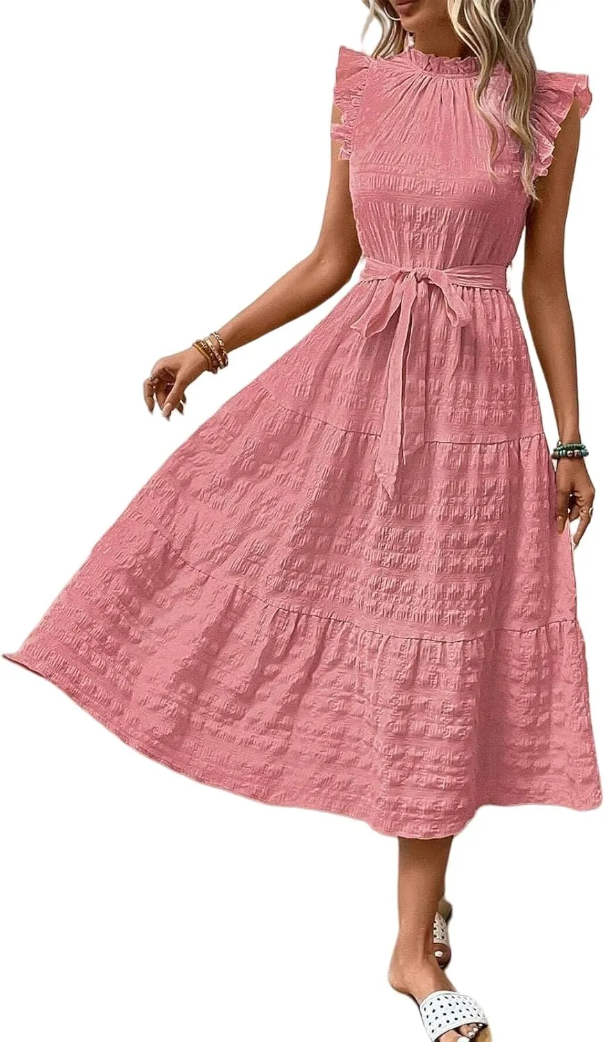 Summer Dresses for Women Ruffle Sleeve Neck Sundress High Waist Strappy Midi Dress Fashion Trendy Dressy Dresses