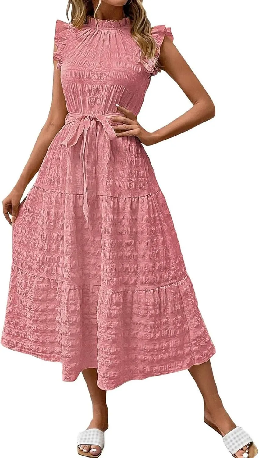 Summer Dresses for Women Ruffle Sleeve Neck Sundress High Waist Strappy Midi Dress Fashion Trendy Dressy Dresses