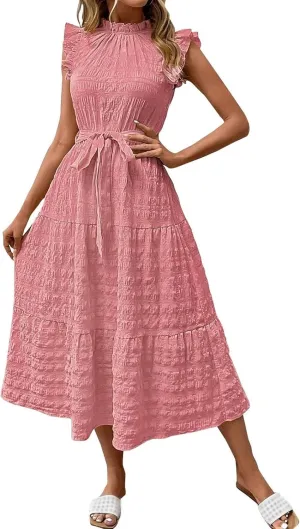 Summer Dresses for Women Ruffle Sleeve Neck Sundress High Waist Strappy Midi Dress Fashion Trendy Dressy Dresses