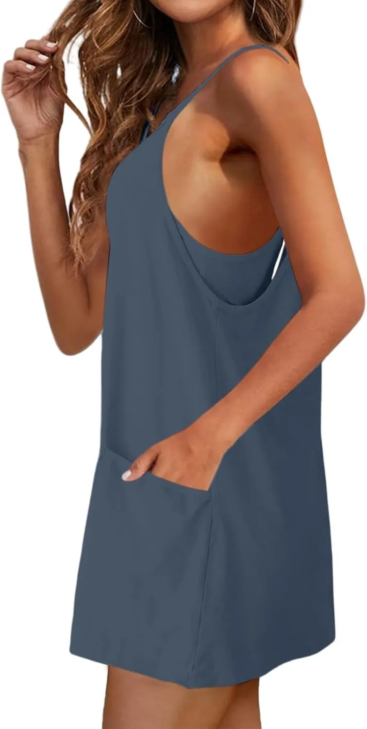 Summer Dresses for Women Sleeveless Mini Crew Neck Dress Spaghetti Strap Sundress Athletic Short Dress with Pockets