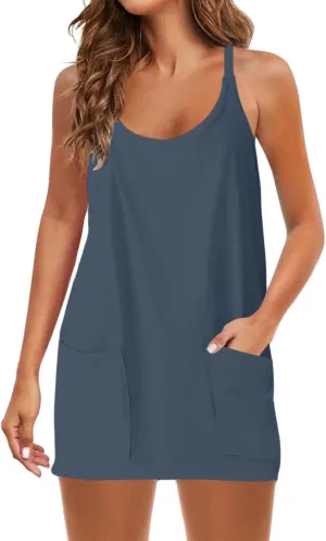 Summer Dresses for Women Sleeveless Mini Crew Neck Dress Spaghetti Strap Sundress Athletic Short Dress with Pockets