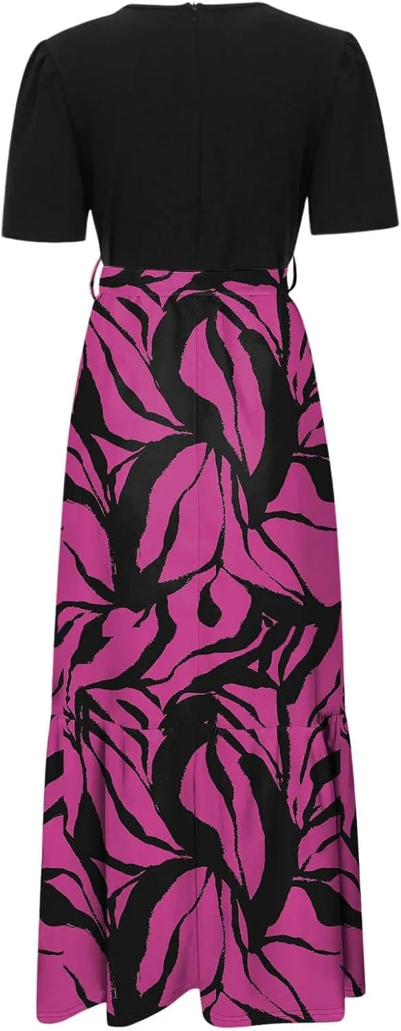 Summer Dresses for Women Tie Belted Patchwork Ruffle Hem a Line Boho Maxi Dress Crewneck Short Sleeve Flowy Long Dress