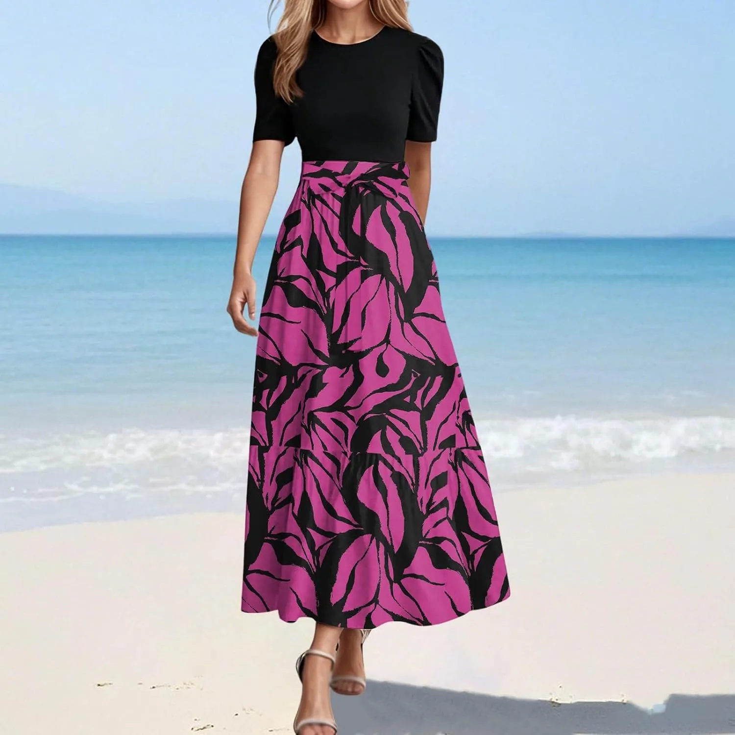 Summer Dresses for Women Tie Belted Patchwork Ruffle Hem a Line Boho Maxi Dress Crewneck Short Sleeve Flowy Long Dress