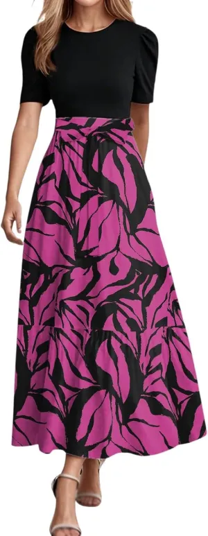 Summer Dresses for Women Tie Belted Patchwork Ruffle Hem a Line Boho Maxi Dress Crewneck Short Sleeve Flowy Long Dress