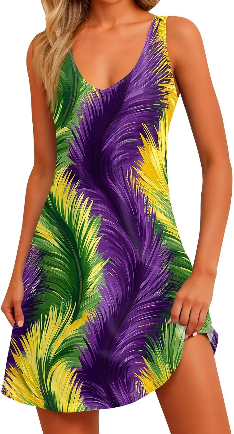 Summer Dresses for Women V Neck Sleeveless Dress with Pocket 2025 Beach Sundress Printed Casual Swimsuit Coverup