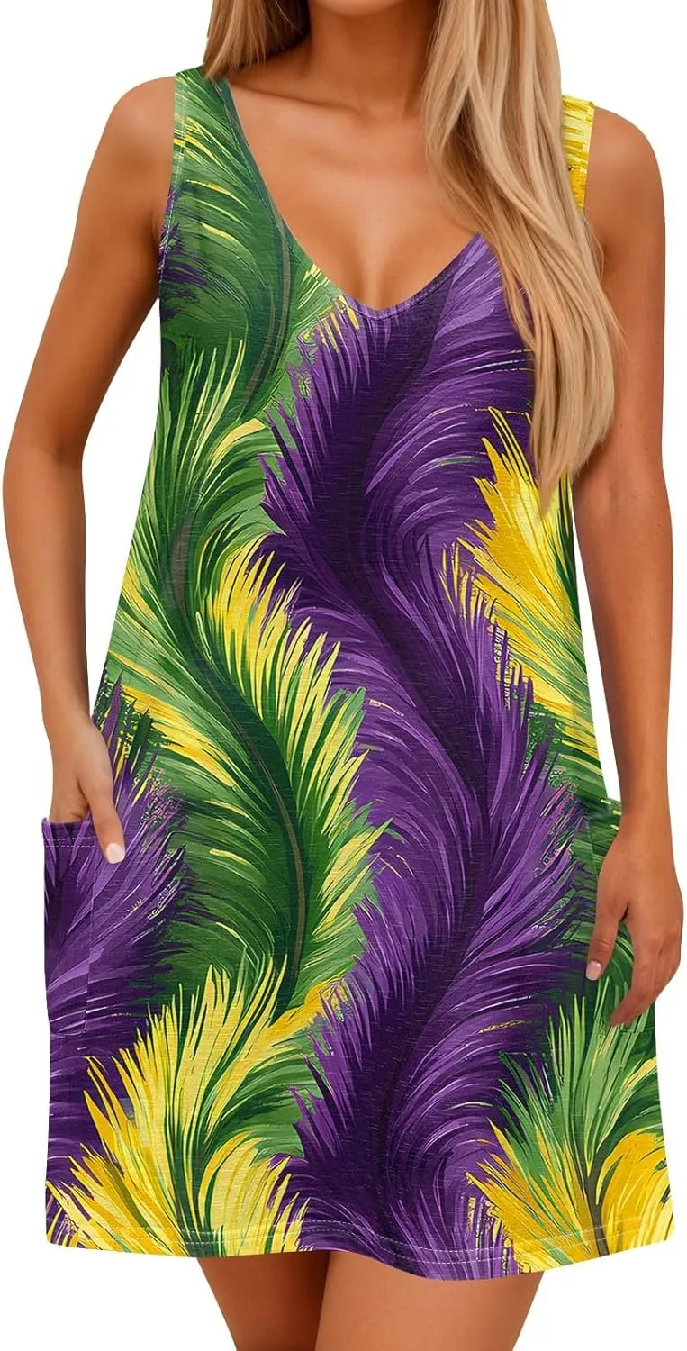 Summer Dresses for Women V Neck Sleeveless Dress with Pocket 2025 Beach Sundress Printed Casual Swimsuit Coverup