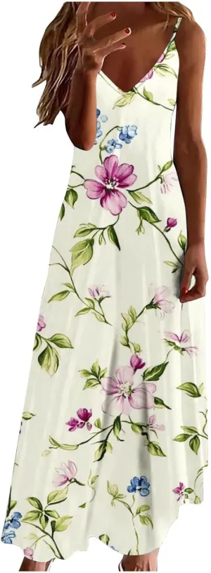 Summer Dresses for Women Vacation Casual Plus Size Maxi Beach Sun Dress Boho Flowy Long Suspender Sundress