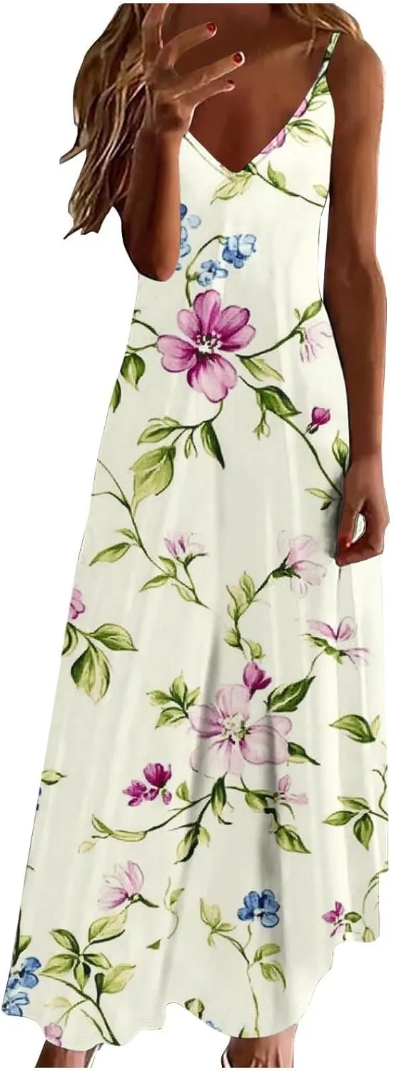 Summer Dresses for Women Vacation Casual Plus Size Maxi Beach Sun Dress Boho Flowy Long Suspender Sundress