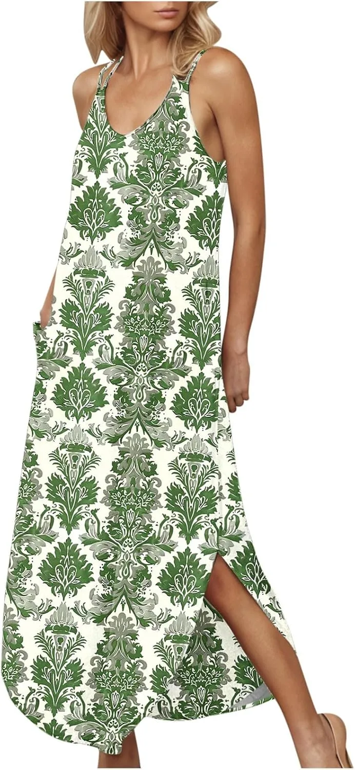 Summer Dresses for Women Vacation Casual Plus Size Maxi Sun Dress Flowy Beach Long Spaghetti Strap Sundress