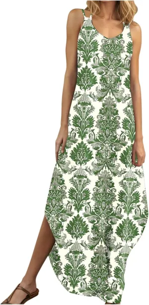 Summer Dresses for Women Vacation Casual Plus Size Maxi Sun Dress Flowy Beach Long Spaghetti Strap Sundress