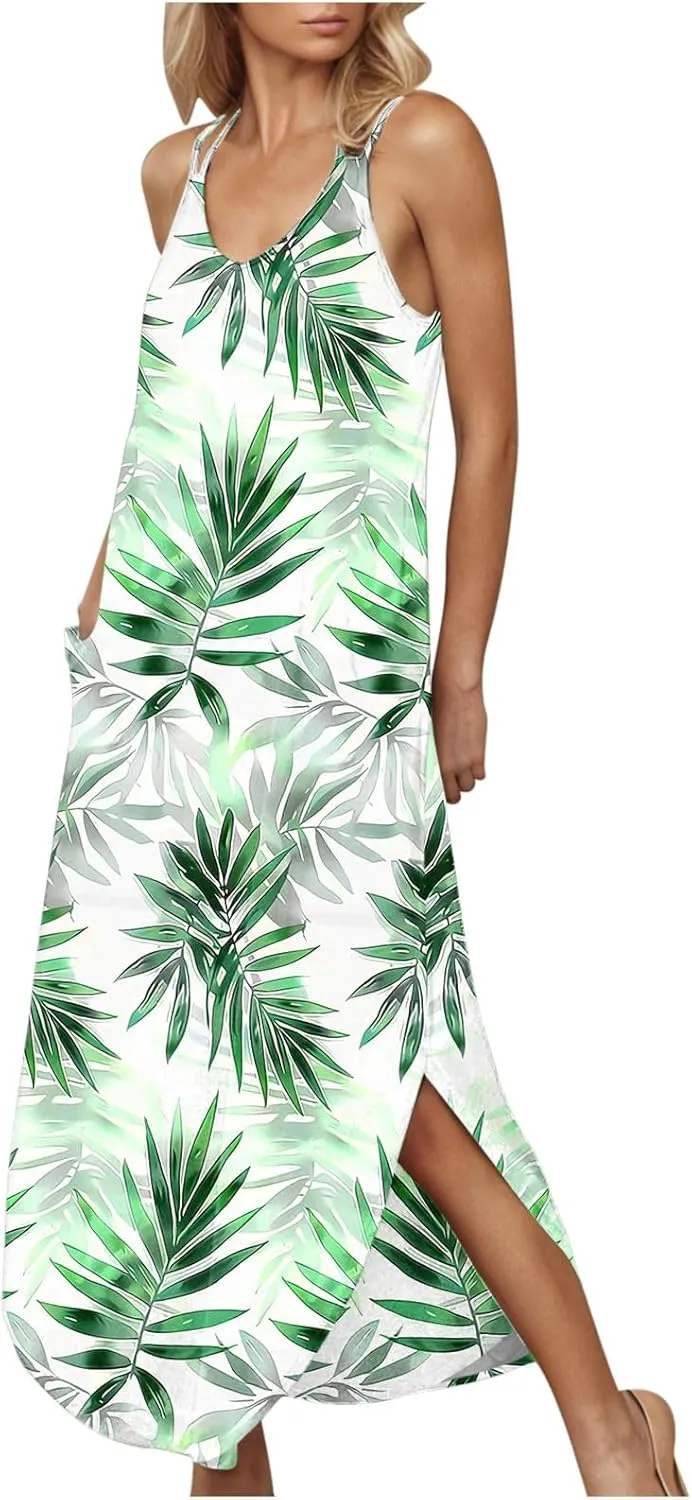 Summer Dresses for Women Vacation Casual Plus Size Maxi Sun Dress Flowy Beach Long Spaghetti Strap Sundress