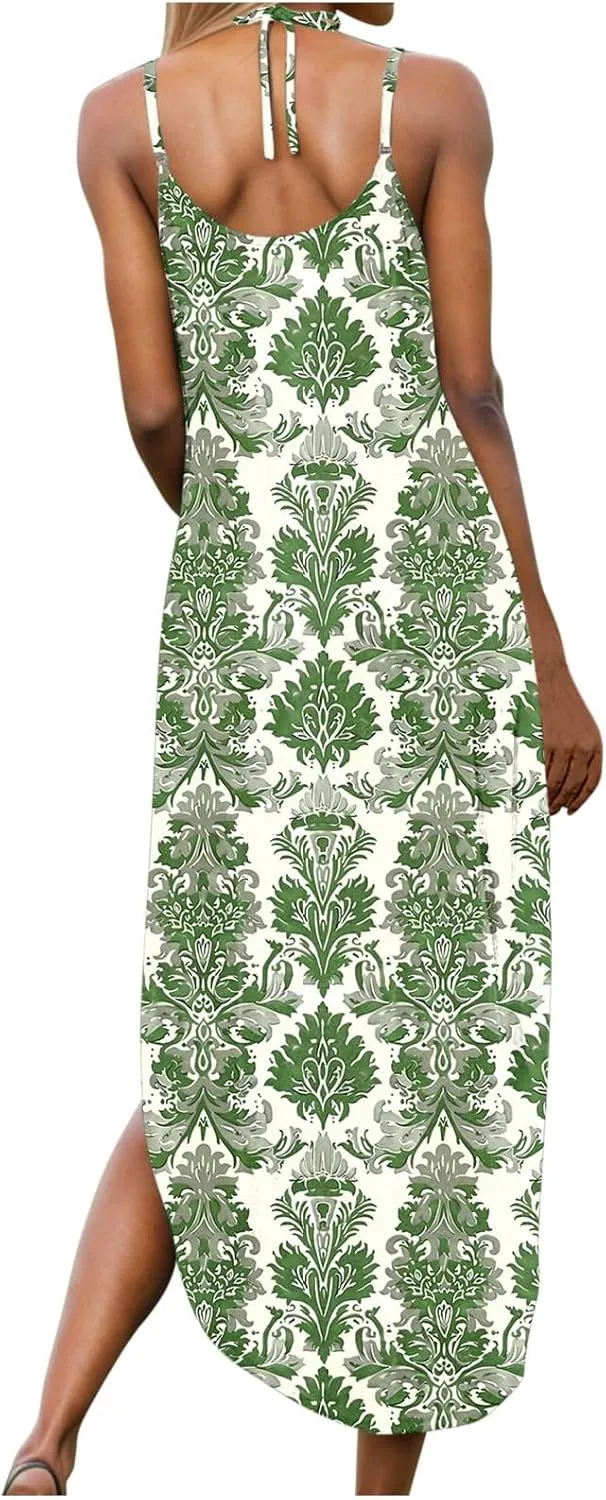 Summer Dresses for Women Vacation Casual Plus Size Maxi Sun Dress Flowy Beach Long Spaghetti Strap Sundress