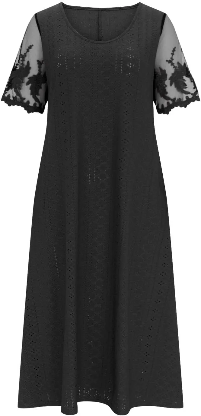 Summer Fashion Eyelets Midi Dress Women Lace Raglan Sleeve Pleated Flared Dresses Loose Casual Lounge Outfits