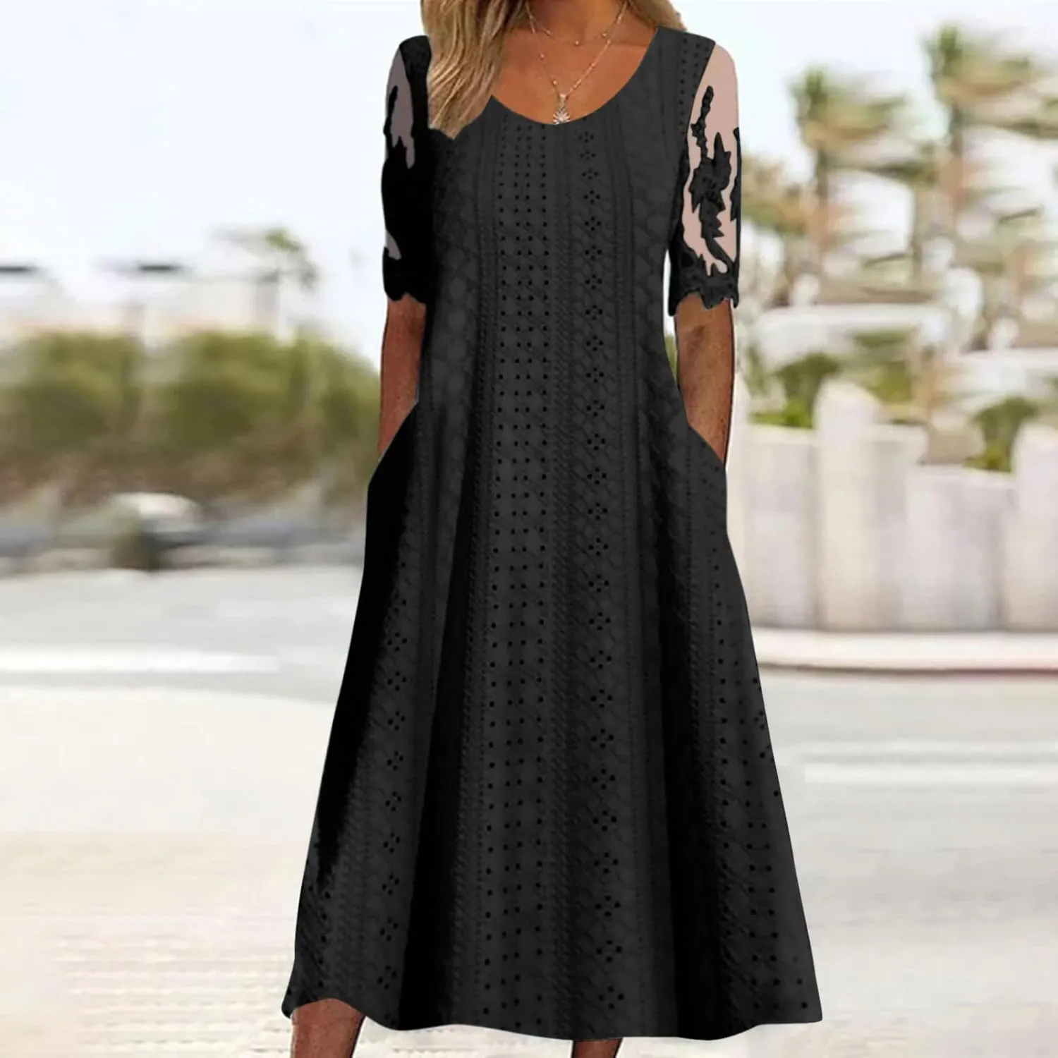 Summer Fashion Eyelets Midi Dress Women Lace Raglan Sleeve Pleated Flared Dresses Loose Casual Lounge Outfits