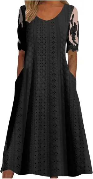 Summer Fashion Eyelets Midi Dress Women Lace Raglan Sleeve Pleated Flared Dresses Loose Casual Lounge Outfits
