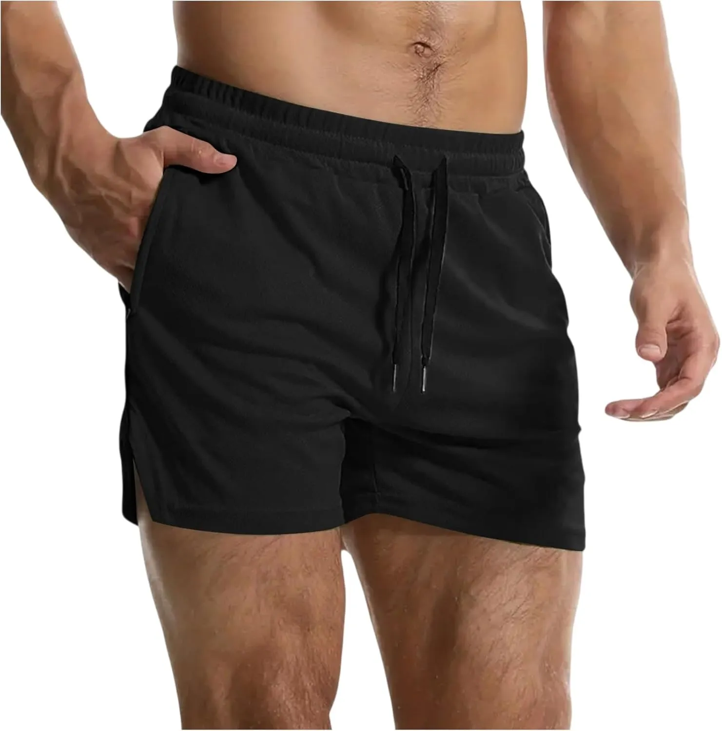 Summer Gym Shorts Men Stretchy Quick-Dry Breathable Athletic Shorts Comfy Mesh Side Slit Running Pants with Pockets