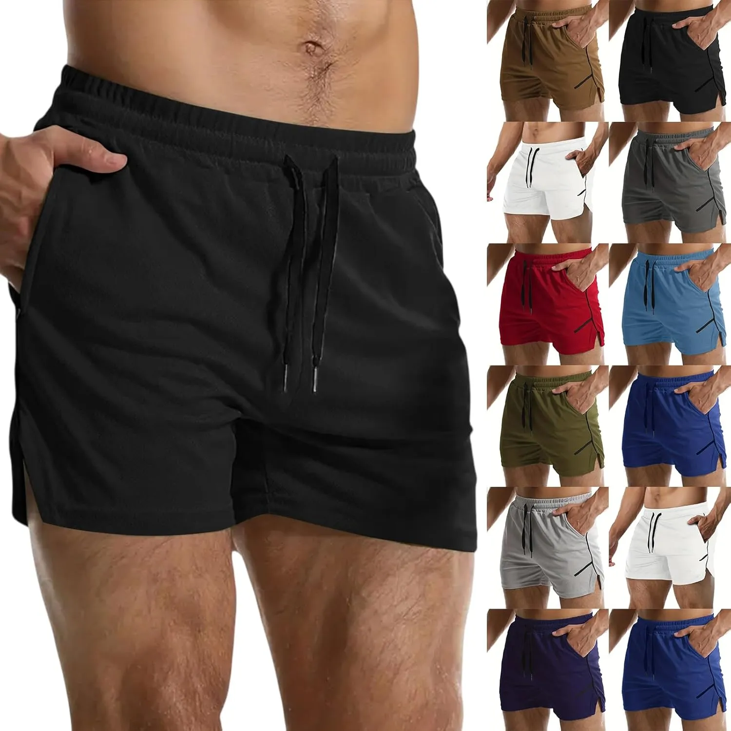Summer Gym Shorts Men Stretchy Quick-Dry Breathable Athletic Shorts Comfy Mesh Side Slit Running Pants with Pockets
