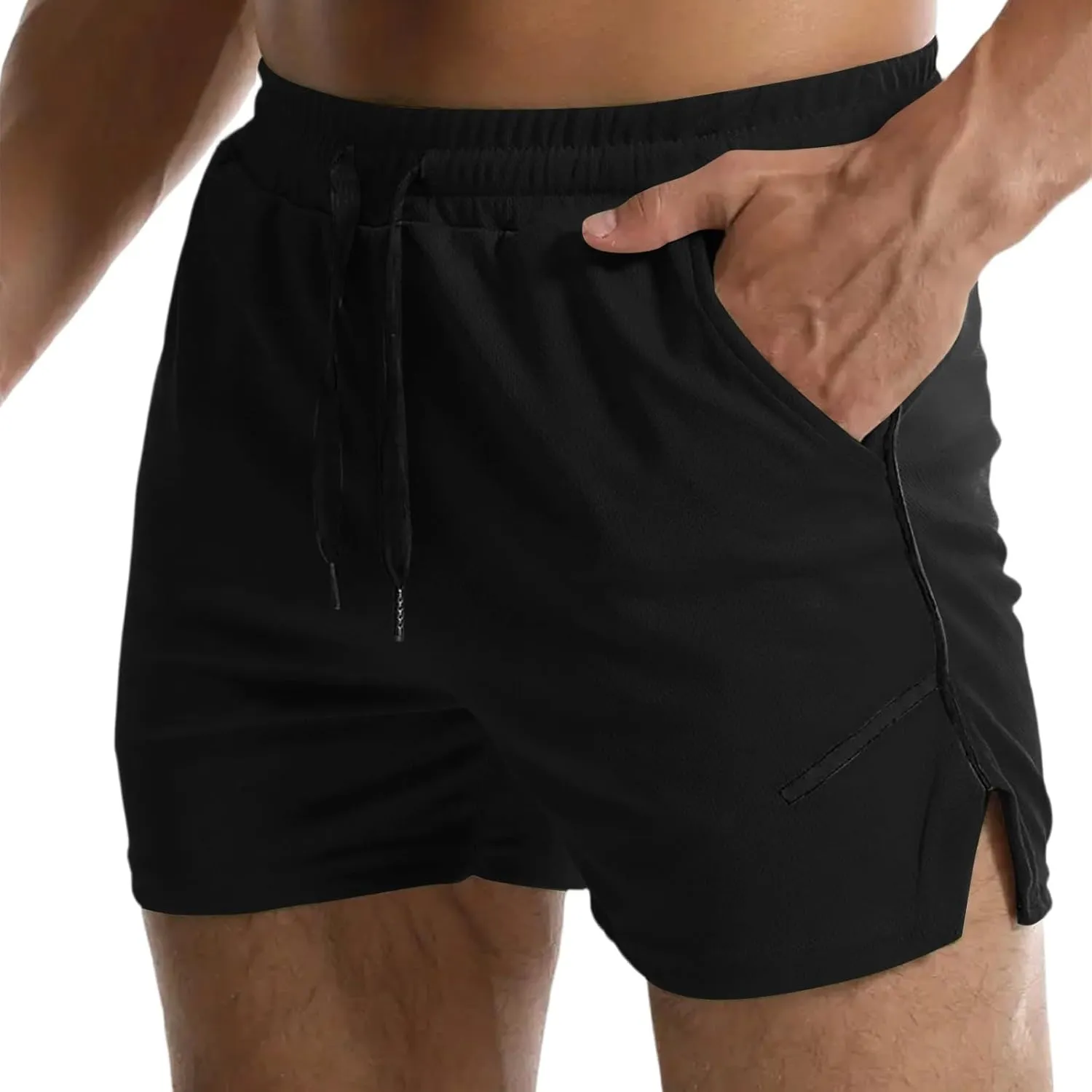 Summer Gym Shorts Men Stretchy Quick-Dry Breathable Athletic Shorts Comfy Mesh Side Slit Running Pants with Pockets