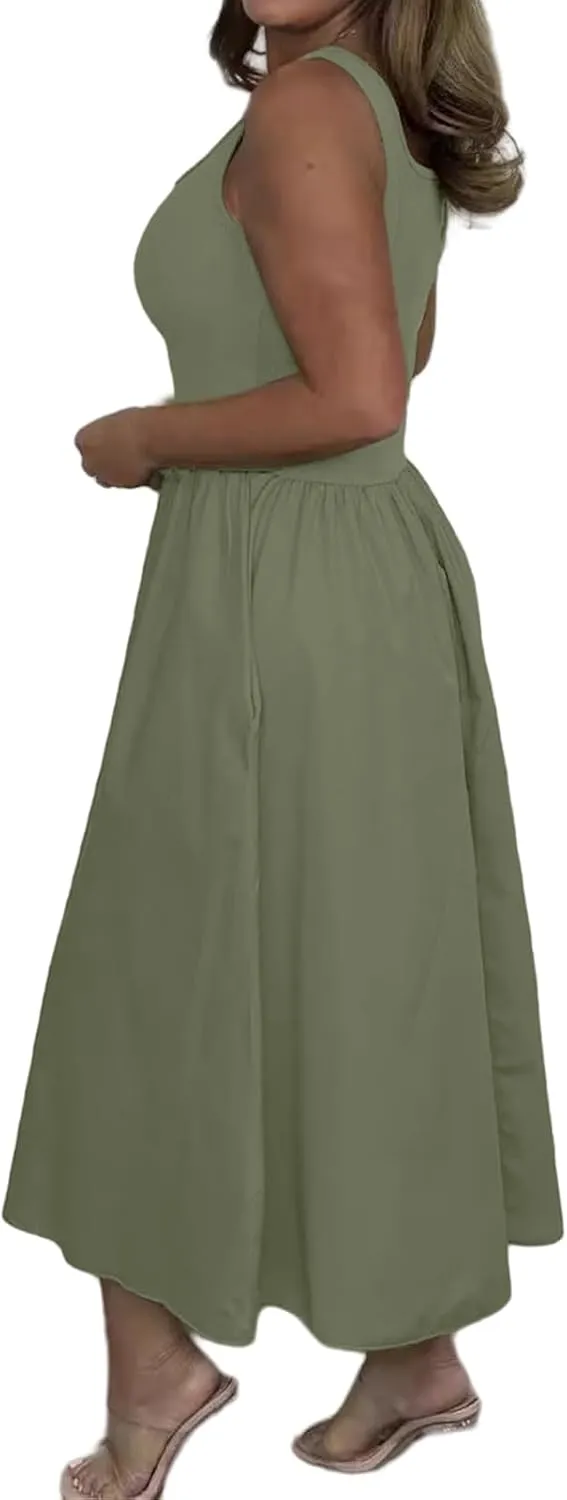 Summer Maxi Dress for Women Sleeveless Square Neck Long Tank Sundresses High Waist Swing Casual Dress 2025