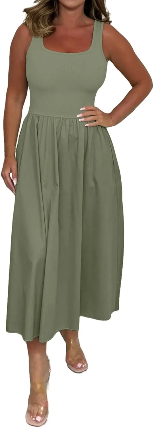 Summer Maxi Dress for Women Sleeveless Square Neck Long Tank Sundresses High Waist Swing Casual Dress 2025