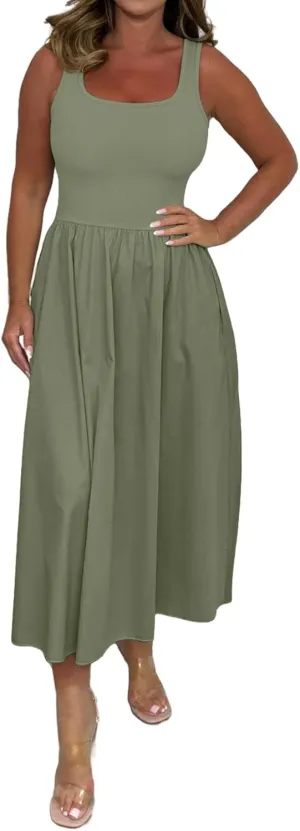 Summer Maxi Dress for Women Sleeveless Square Neck Long Tank Sundresses High Waist Swing Casual Dress 2025