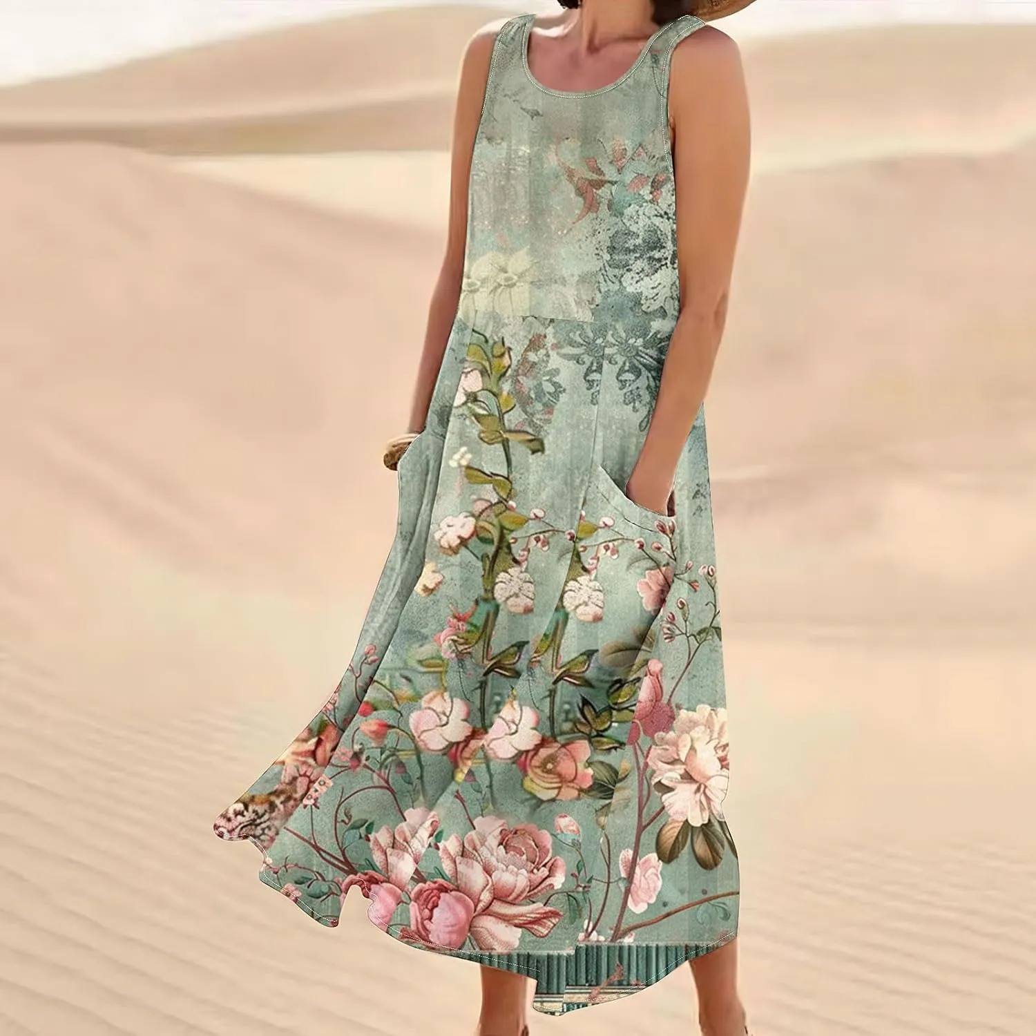Summer Maxi Dresses for Women 2025 Casual Cotton Linen Floral Dress Spring Plus Size Elegante Beach Dress with Pockets