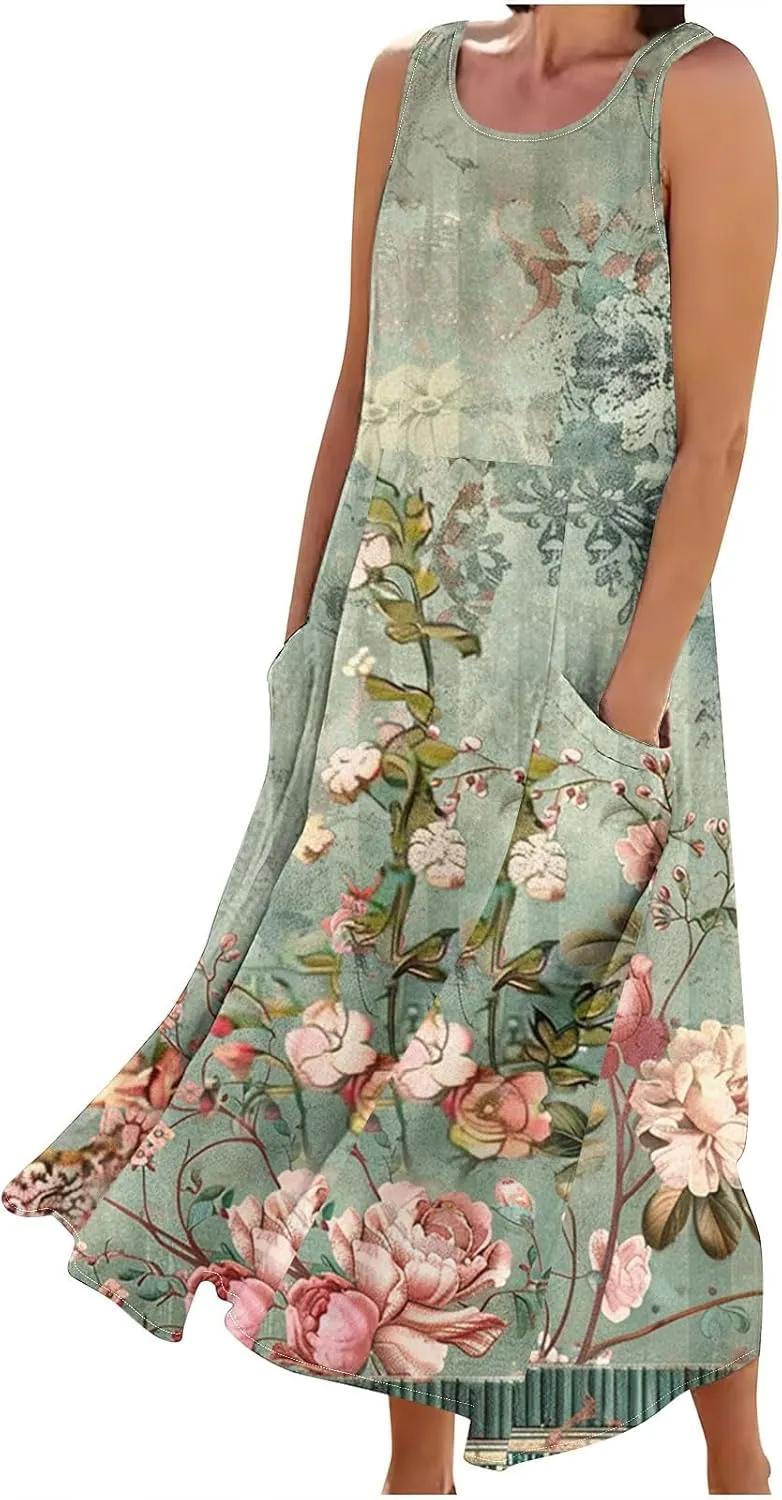 Summer Maxi Dresses for Women 2025 Casual Cotton Linen Floral Dress Spring Plus Size Elegante Beach Dress with Pockets
