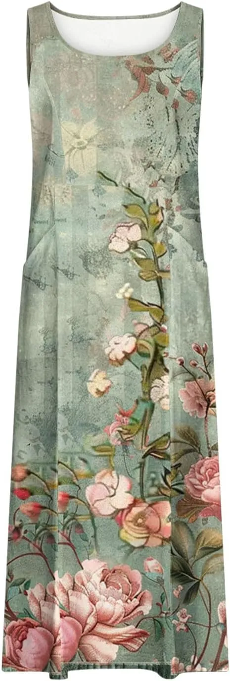 Summer Maxi Dresses for Women 2025 Casual Cotton Linen Floral Dress Spring Plus Size Elegante Beach Dress with Pockets