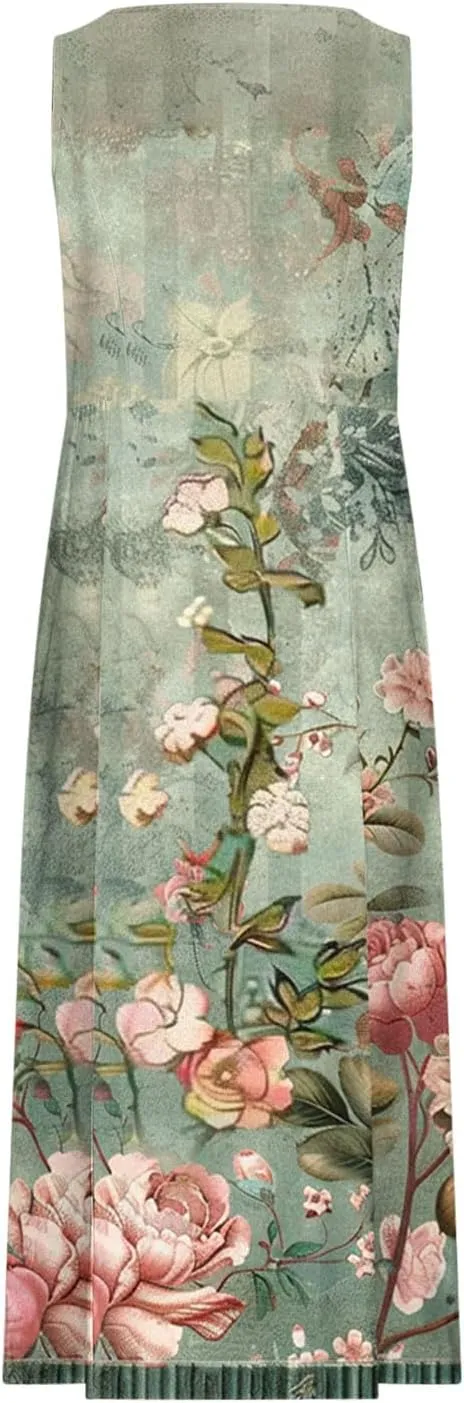 Summer Maxi Dresses for Women 2025 Casual Cotton Linen Floral Dress Spring Plus Size Elegante Beach Dress with Pockets