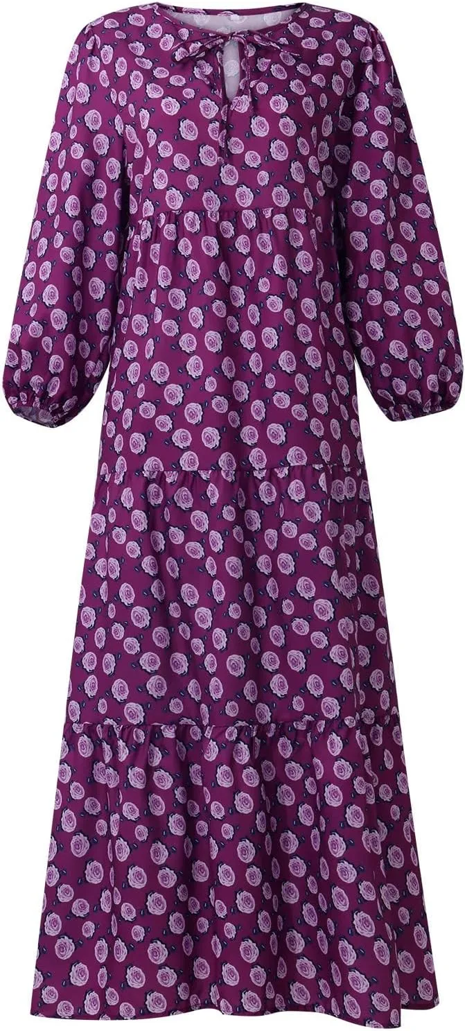 Summer Maxi Dresses for Women 2025 Puff Sleeve Flower Geometric Long Boho Dress Shift Tiered Flowy Gingham Dress