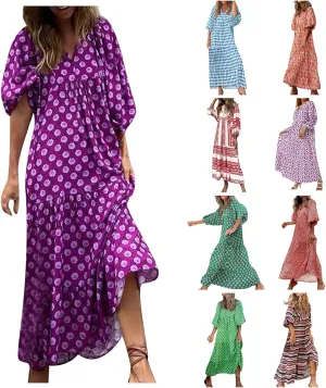 Summer Maxi Dresses for Women 2025 Puff Sleeve Flower Geometric Long Boho Dress Shift Tiered Flowy Gingham Dress