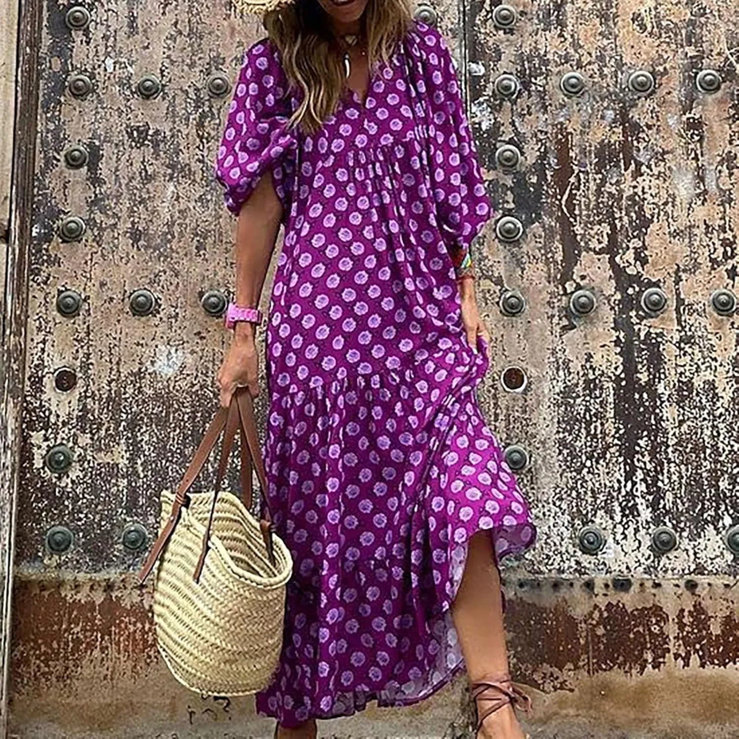 Summer Maxi Dresses for Women 2025 Puff Sleeve Flower Geometric Long Boho Dress Shift Tiered Flowy Gingham Dress