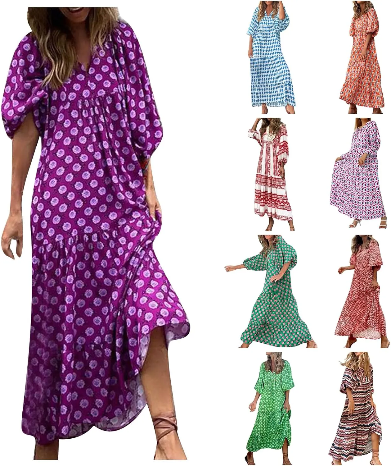 Summer Maxi Dresses for Women 2025 Puff Sleeve Flower Geometric Long Boho Dress Shift Tiered Flowy Gingham Dress