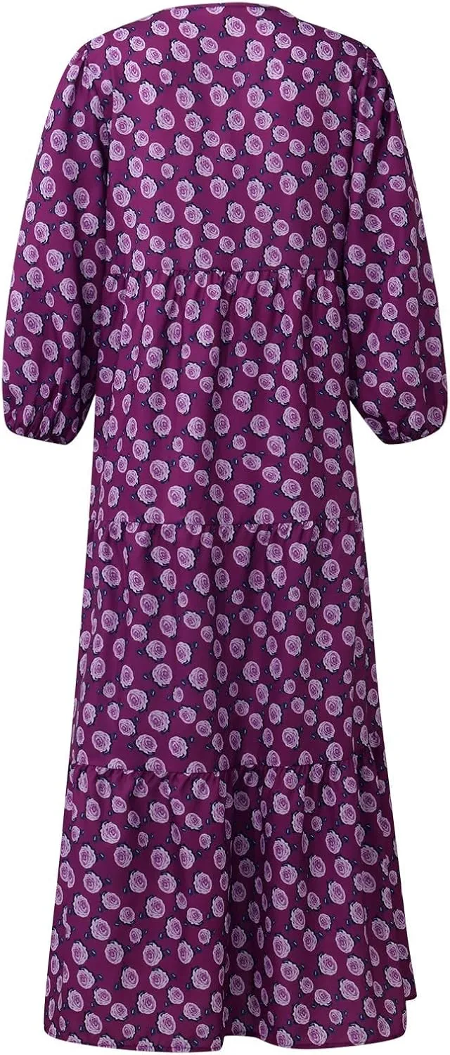 Summer Maxi Dresses for Women 2025 Puff Sleeve Flower Geometric Long Boho Dress Shift Tiered Flowy Gingham Dress