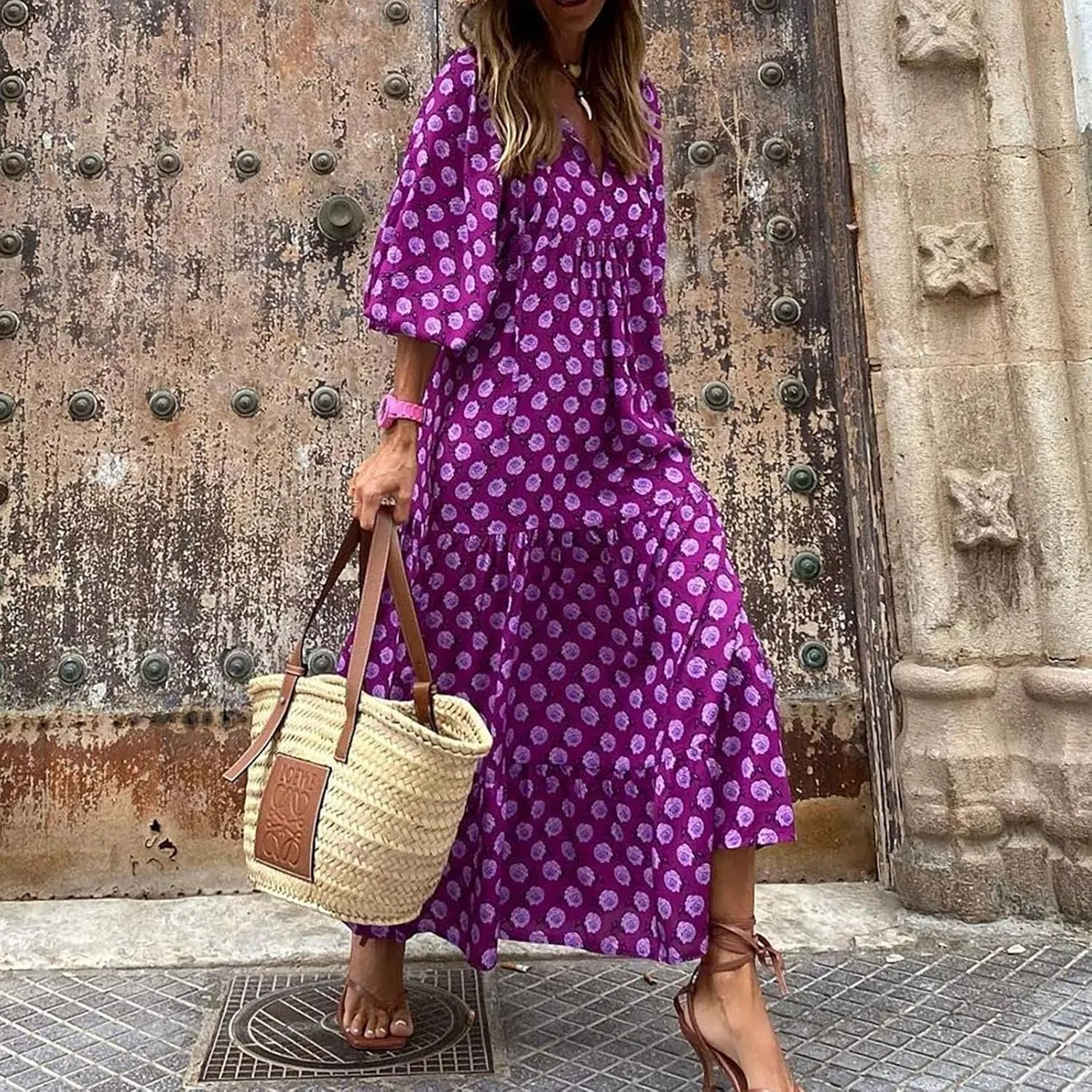 Summer Maxi Dresses for Women 2025 Puff Sleeve Flower Geometric Long Boho Dress Shift Tiered Flowy Gingham Dress