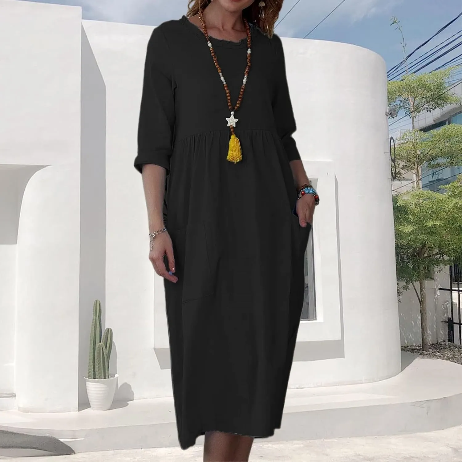 Summer Maxi Dresses for Women Casual Cotton Linen Long Dress Short Sleeve Loose Beach Sundress Tshirt Dress Pockets