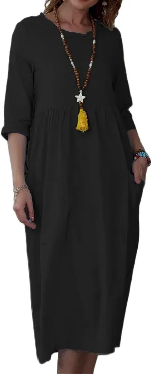 Summer Maxi Dresses for Women Casual Cotton Linen Long Dress Short Sleeve Loose Beach Sundress Tshirt Dress Pockets