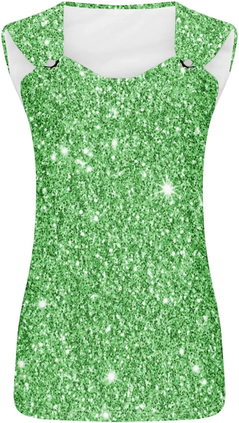 Summer Tank Tops for Women Glitter Print Sleeveless Shirts Scoop Neck O Ring Shoulder Casual Loose Fit Trendy Blouse