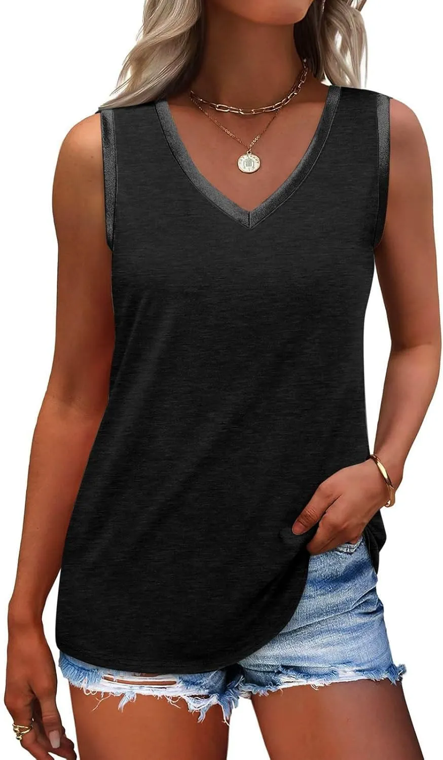 Summer Tops for Women Summer V Neck Tank Top Beach Vacation Clothes Shiny Trim Loose Fit Casual Sleeveless Shirts