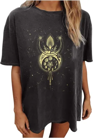 Summer Y2k Tops for Womens, Casual Vintage Short Sleeve T-Shirt, Girls Oversize Loose Round Neck Elastic Tee Gray