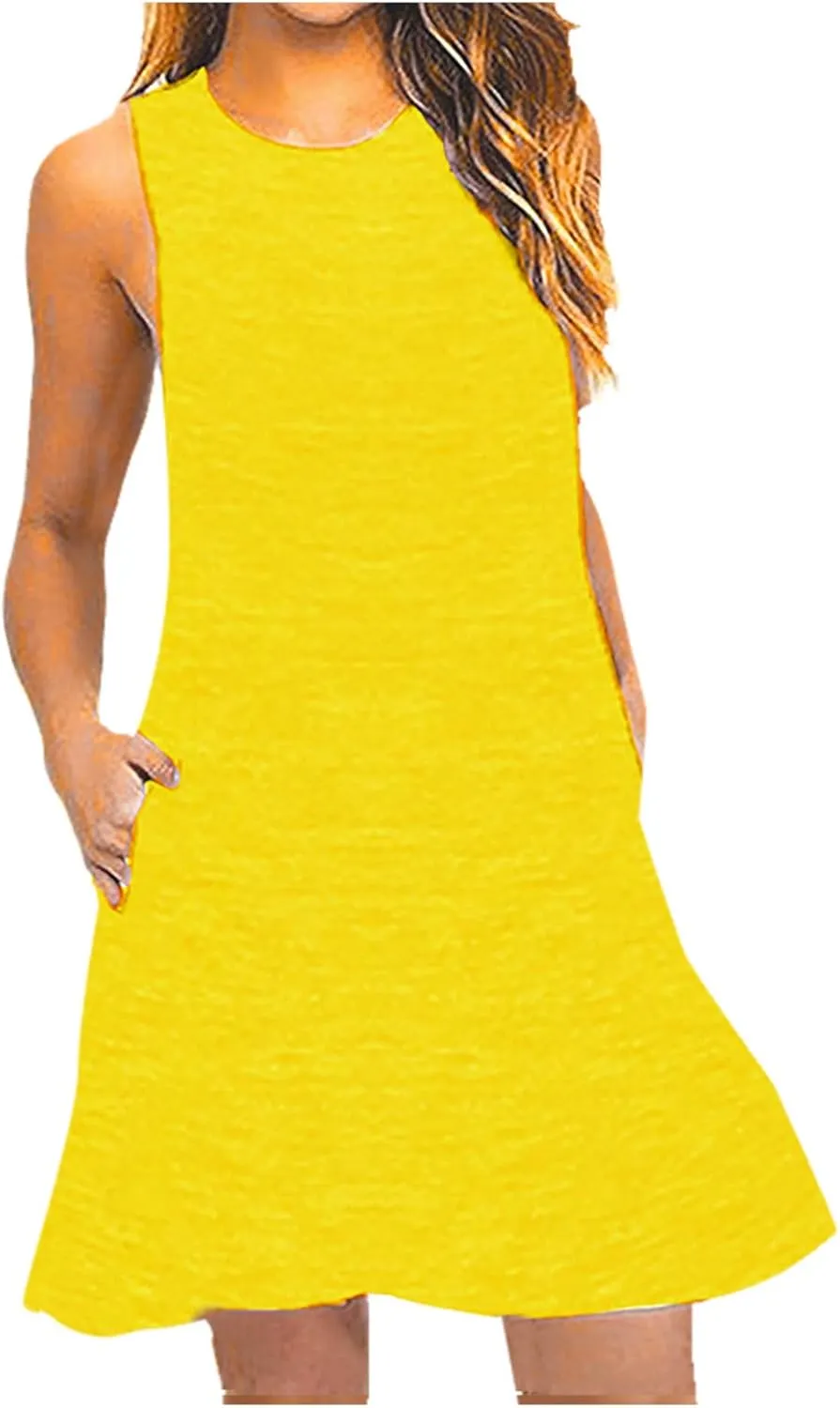 Sundress for Women Summer Casual Solid Sleeveless Flowy T Shirt Dresses Beach Cover up Tank Dress with Pockets